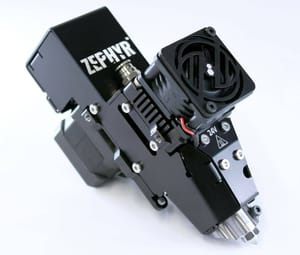 Side section view of the Zephyr™ High Flow Extruder, showcasing its compact design, advanced cooling system, and precision components for high-performance 3D printing.