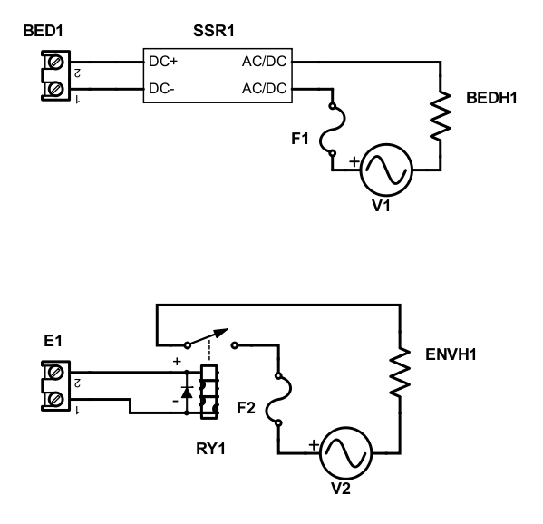 Diagram for connecting the AC voltage to the bed heater and chamber heater on the custom Dyze Design Cube Pro