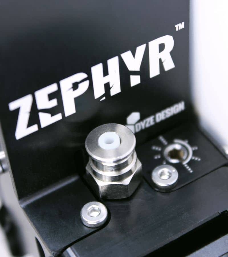 Top view of the Zephyr™ High Flow Extruder, focusing on the filament tension adjustment mechanism and high-quality construction for precise 3D printing.