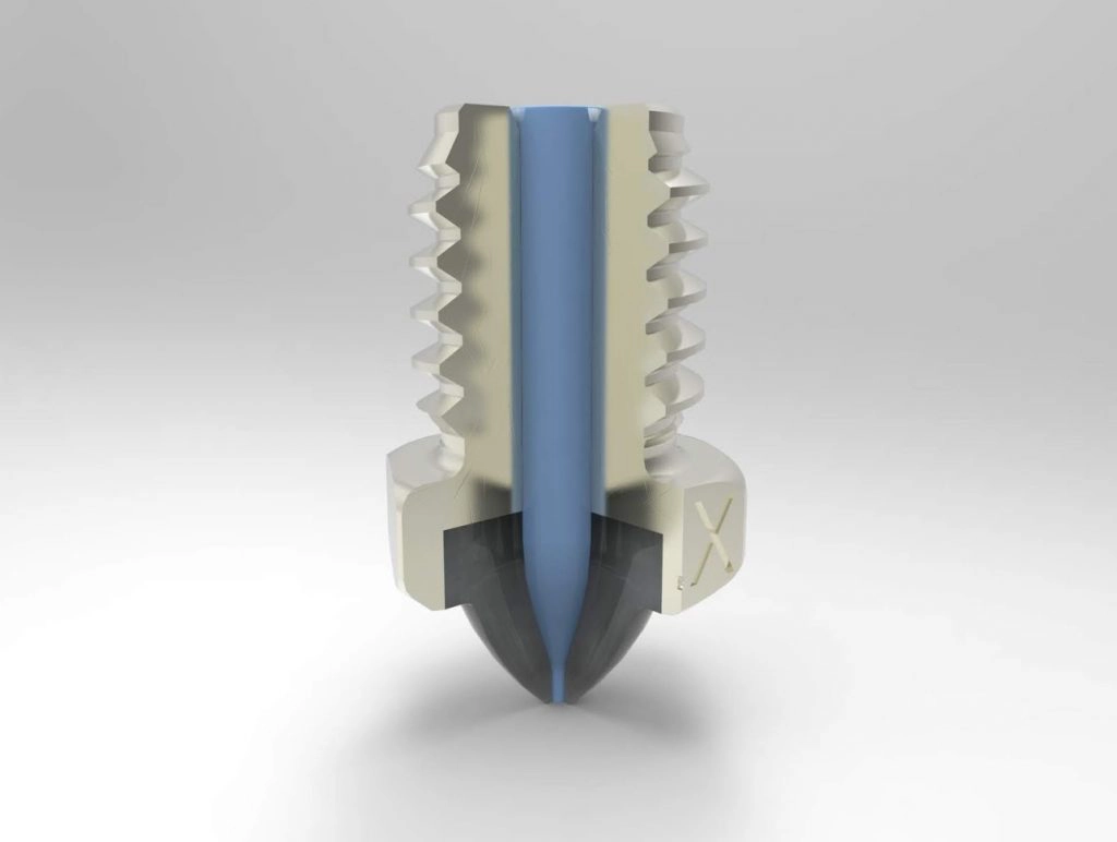 Cutting view of Dyze Design Tungsten Carbide Nozzle that demonstrate the high flow of the product.